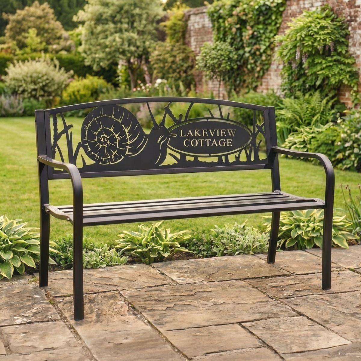 The Personalised Garden Snail Iron & Steel Park Bench in Black with Custom Text on it of a House Name - Digital Illustration
