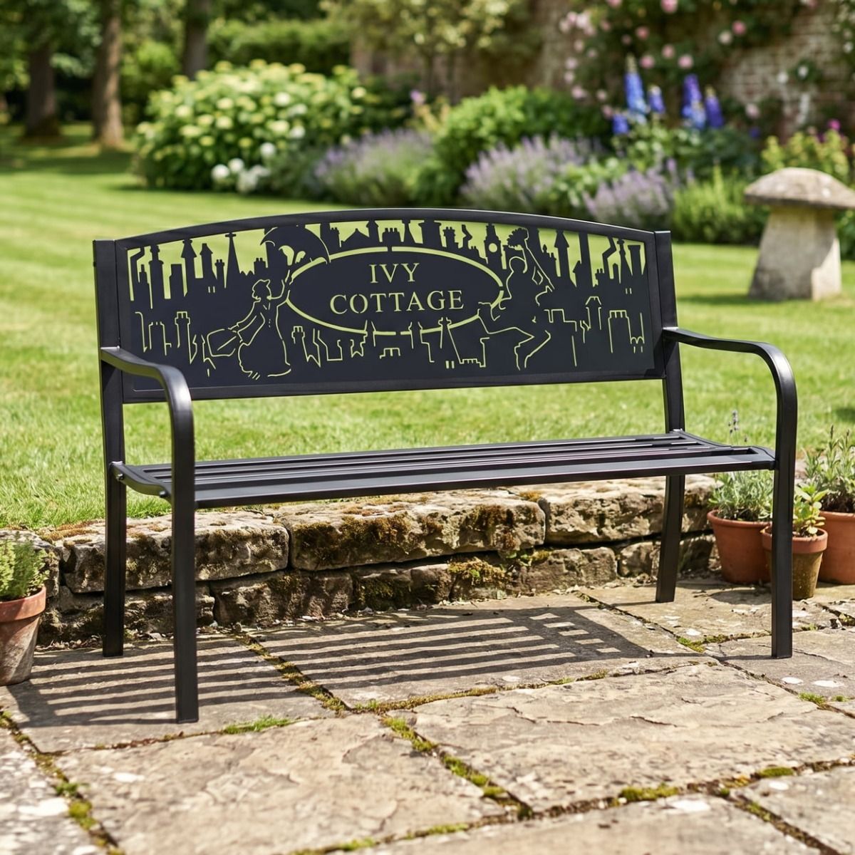 The Personalised Mary Poppins Iron & Steel Park Bench in Black with a House Name Written on it in a Country Garden - Digital Illustration