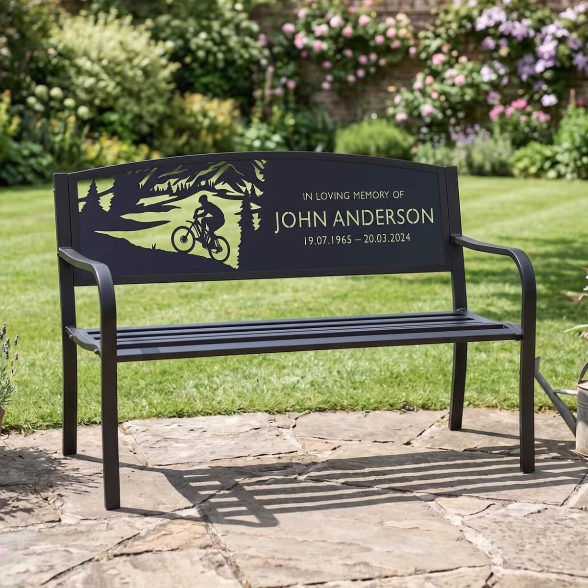 The Personalised Mountain Biker Garden Bench in Front of a Lawn with a Custom Name and Date to Commemorate a Loved One - Digital Illustration 