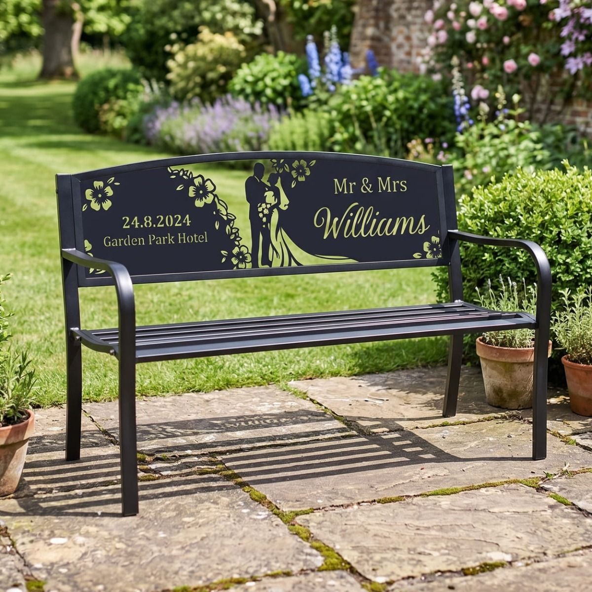 The Personalised "Mr and Mrs" Iron & Steel Park Bench with Custom Name and Date as an Ideal Wedding Gift to Remember the Big Day - Digital Illustration