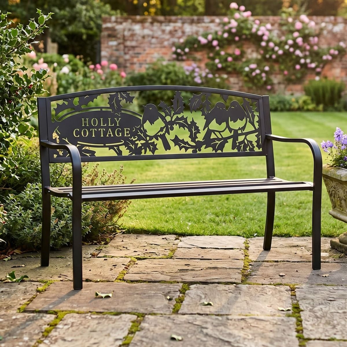The Personalised Robins Iron & Steel Park Bench in Black in an Ornate Cottage Garden - Digital Illustration