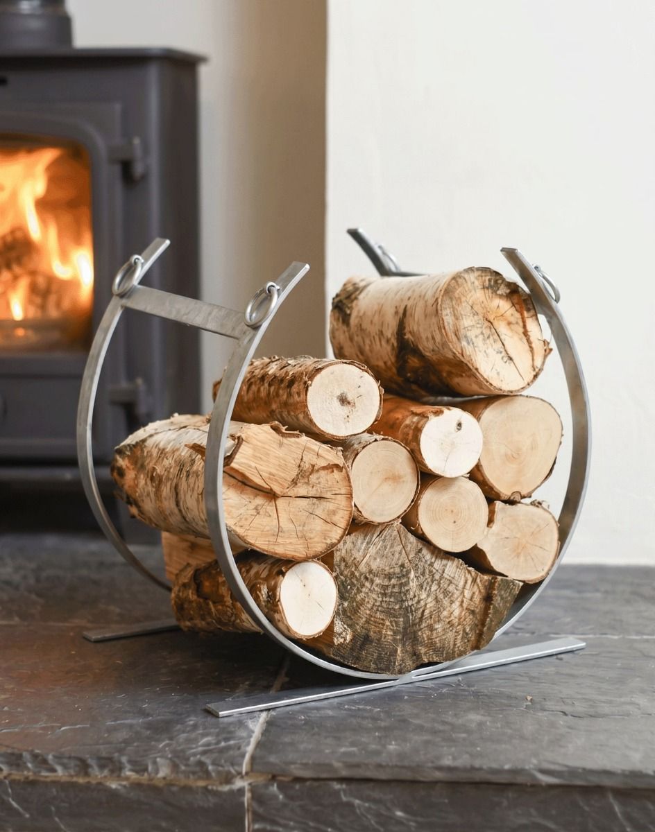 The Pewter Blacksmith Curved Log Rack next to a Lit Log Burner Stove in a Contemporary Living Room - Digital Illustration 