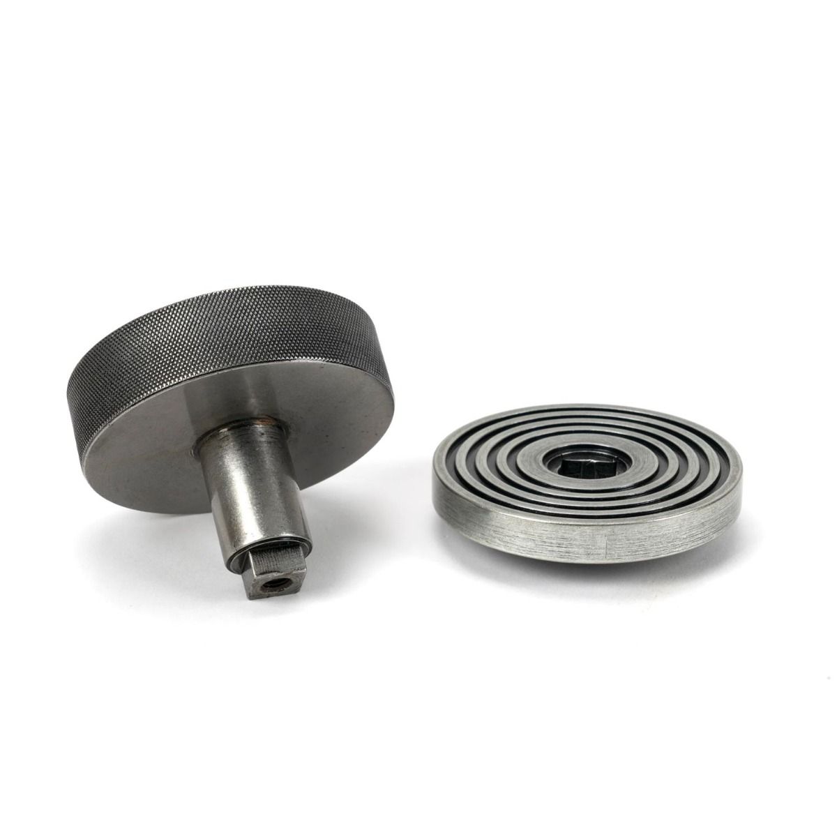 The Pewter Knurled Centre Door Knob on a Beehive Rose Displayed in Separate Sections 