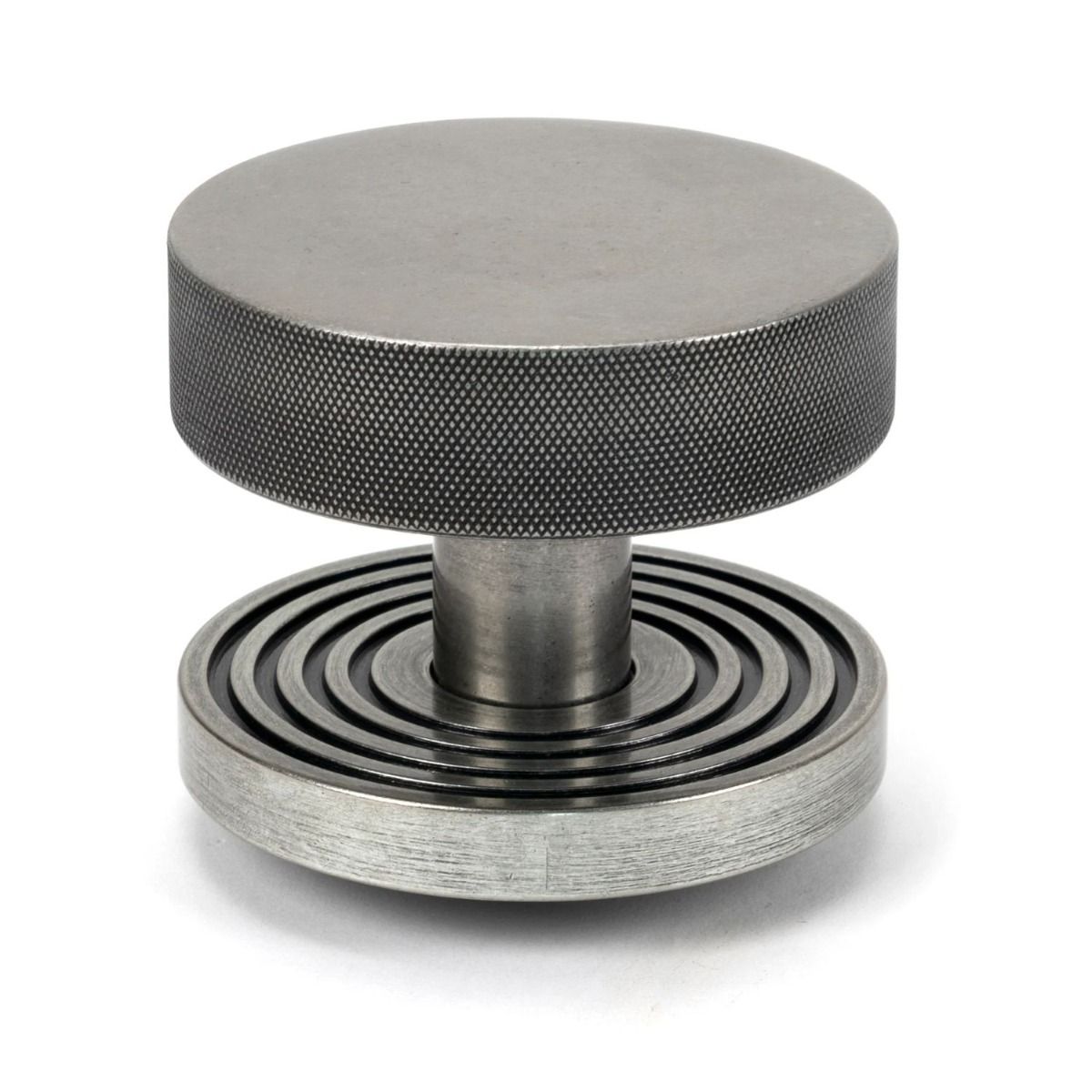 The Pewter Knurled Centre Door Knob on a Beehive Rose Shown Upright on a White Background 