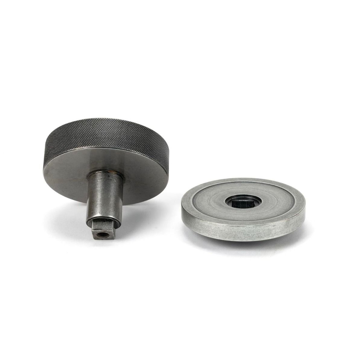 The Pewter Knurled Centre Door Knob on a Plain Rose Displayed in Separate Sections 