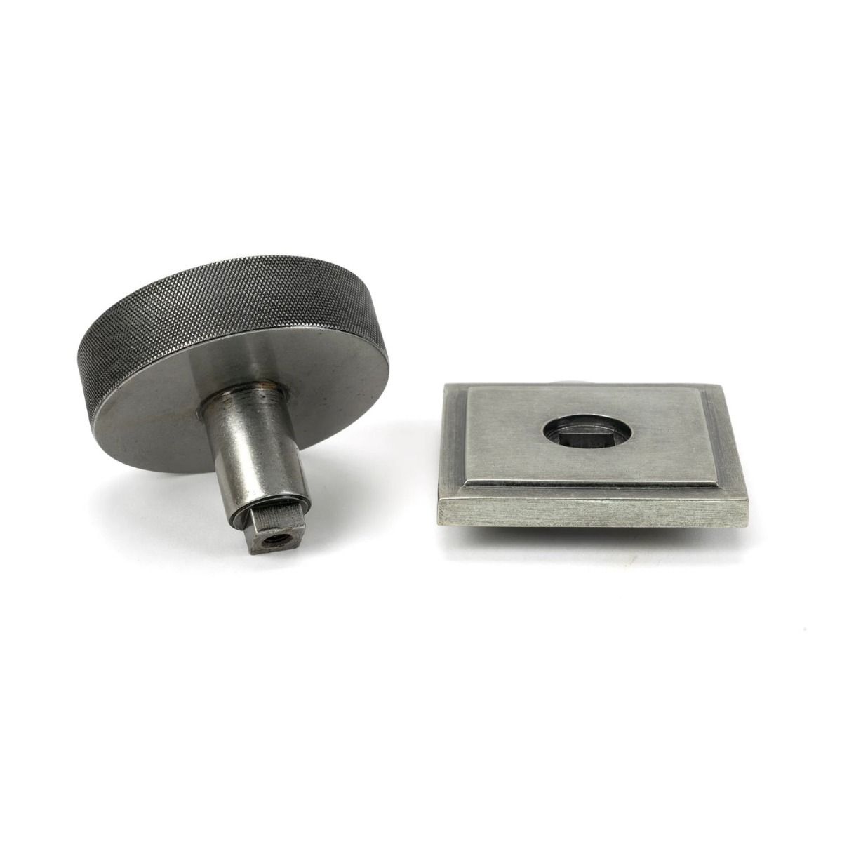 The Pewter Knurled Centre Door Knob on a Square Rose Displayed in Separate Sections on a White Background 