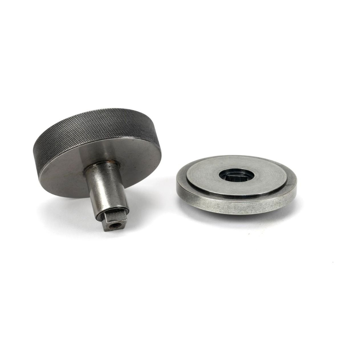 The Pewter Knurled Centre Door Knob on an Art Deco Rose Displayed in Separate Sections on a White Background 