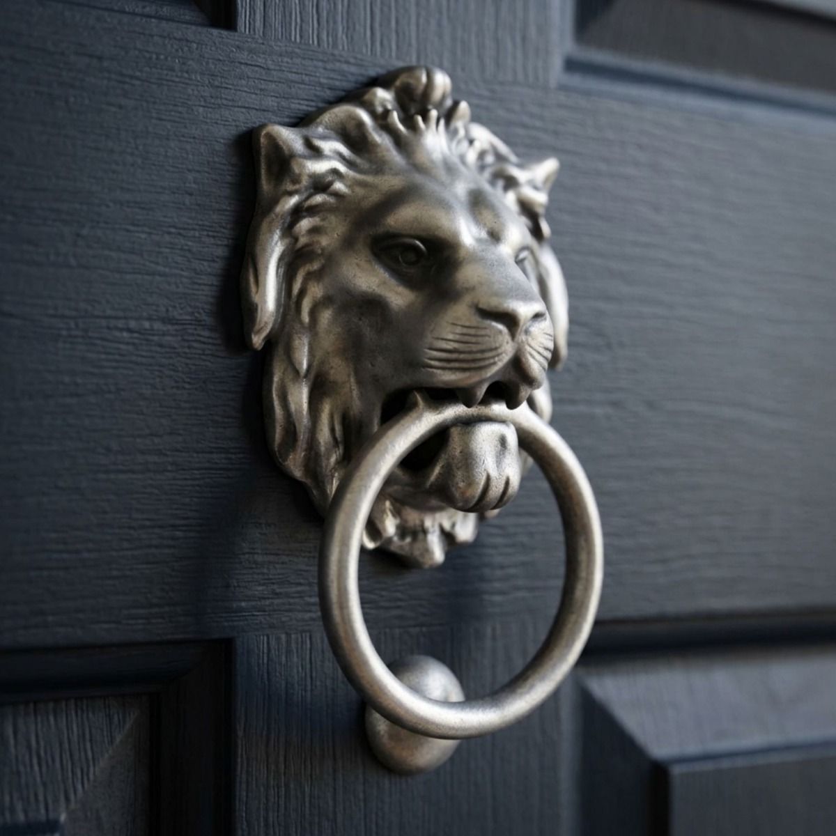 The Pewter Lion Door Knocker Shown at an Angle on a Blue wooden Door - Digital Illustration