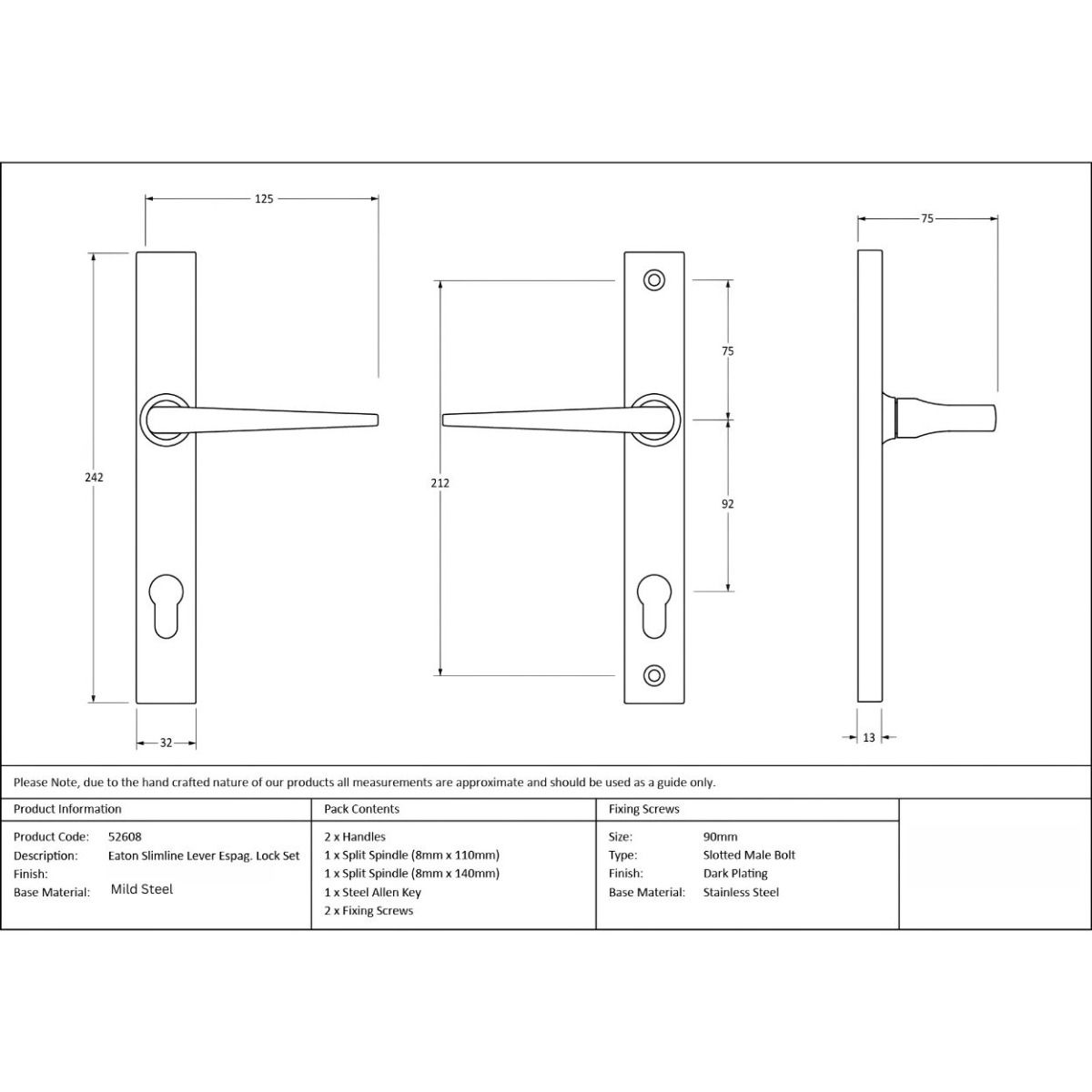 The Pewter Slimline Espag Lever Door Handle (92mm Centres) Technical Drawings and Dimensions