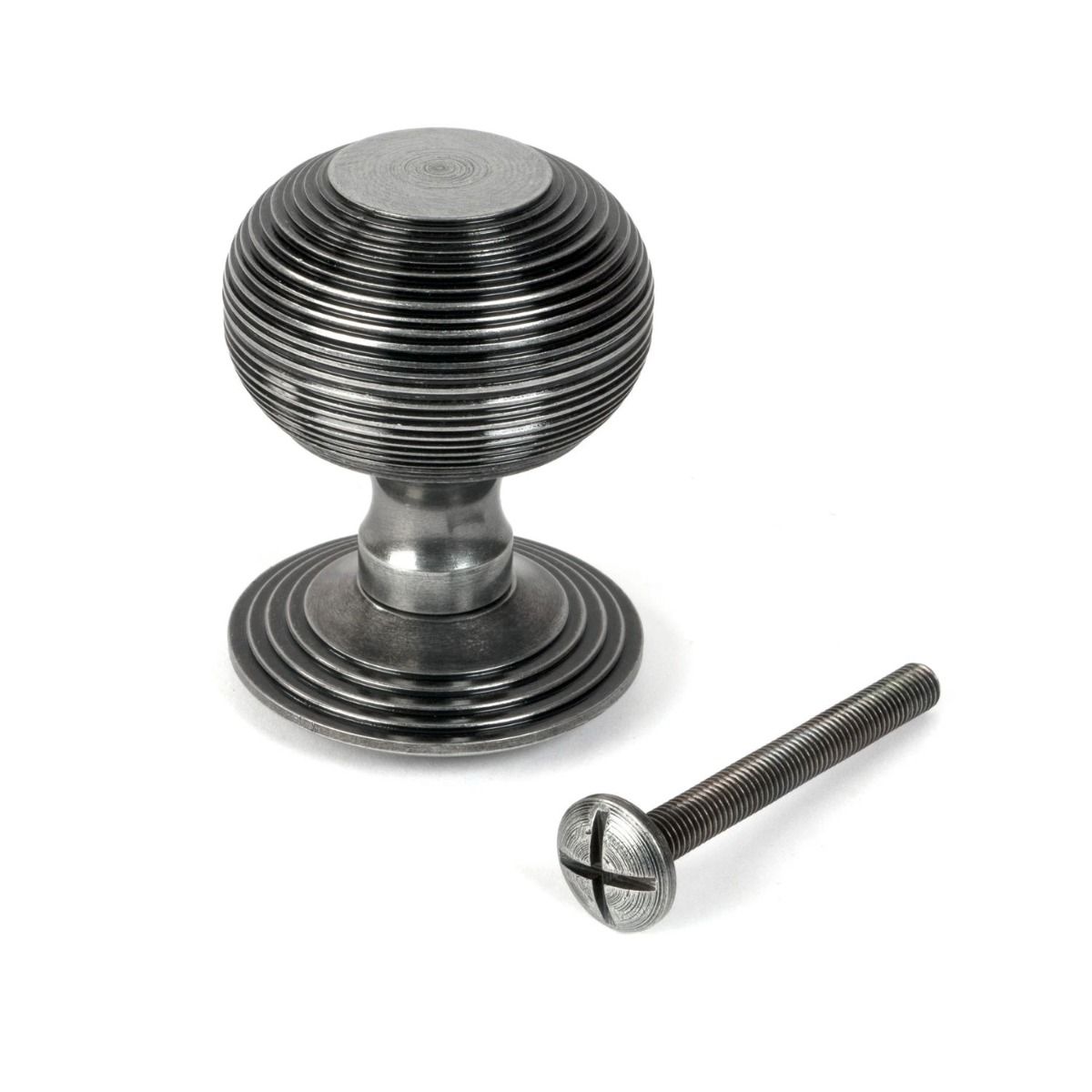 The Pewter Traditional Beehive Centre Door Knob Shown Upright with Bolt