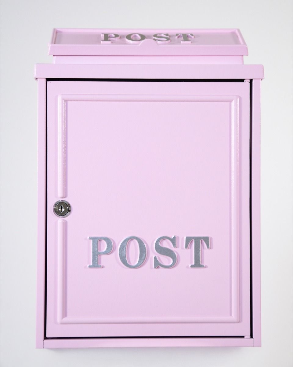 The Pink "Oxford" Wall Mounted Post Box with Silver Detail shown from the Front