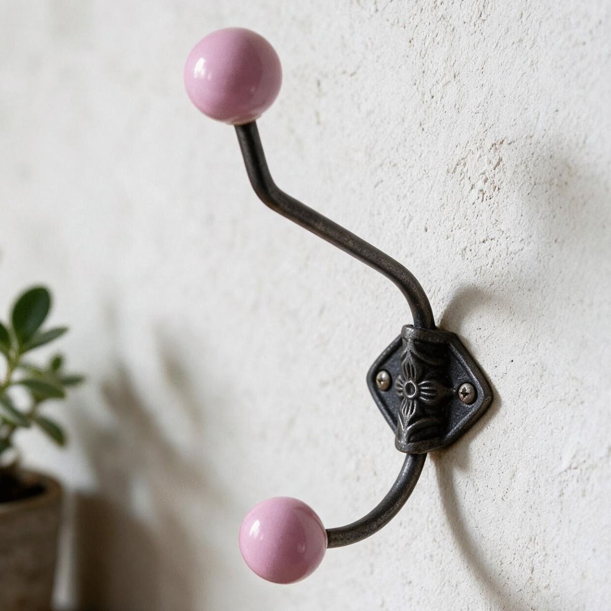 The Pink Ceramic Tip Large Iron Coat Hook in a Bright Home Entrance Hallway - Digital Illustration