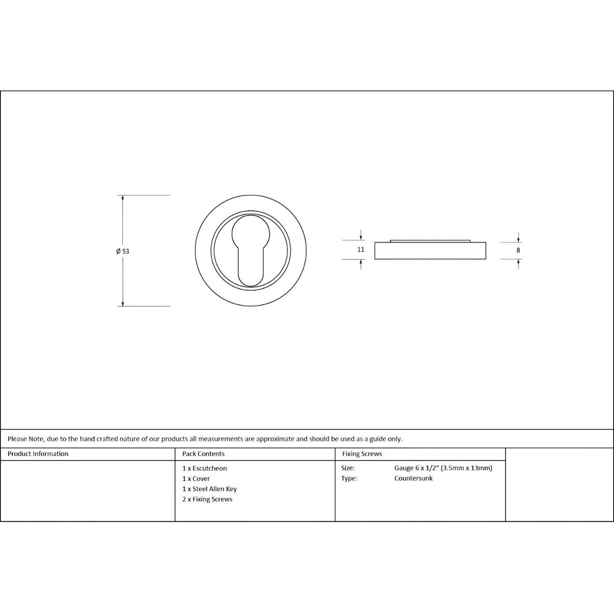 The Plain Concealed Standard Euro Escutcheon - Polished Chrome Technical Drawings and Dimensions 
