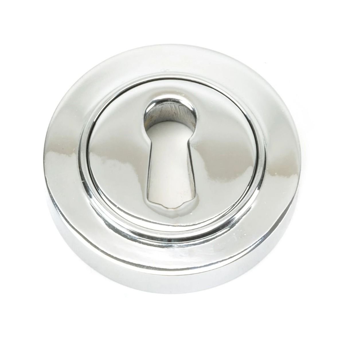 The Plain Concealed Standard Keyhole Escutcheon - Polished Chrome on a White Background 
