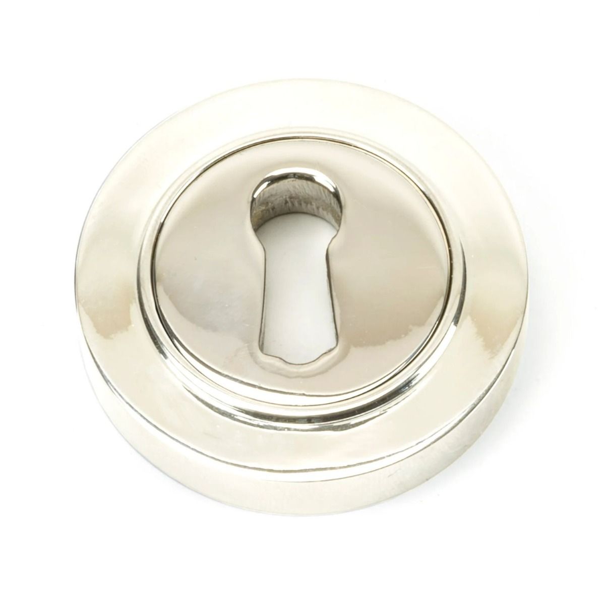 The Plain Concealed Standard Keyhole Escutcheon - Polished Nickel on a White Background 