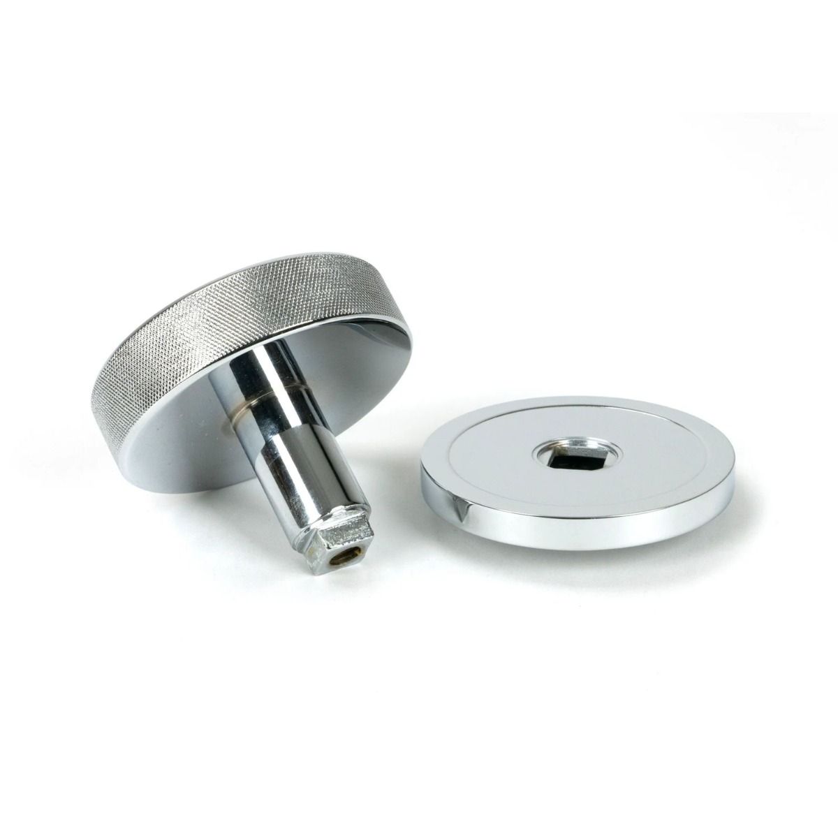 The Polished Chrome Knurled Centre Door Knob on Plain Rose Displayed in Separate Sections 
