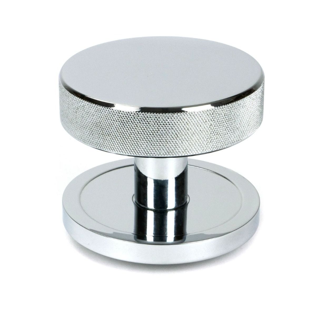 The Polished Chrome Knurled Centre Door Knob on Plain Rose Shown Upright on a White Background 