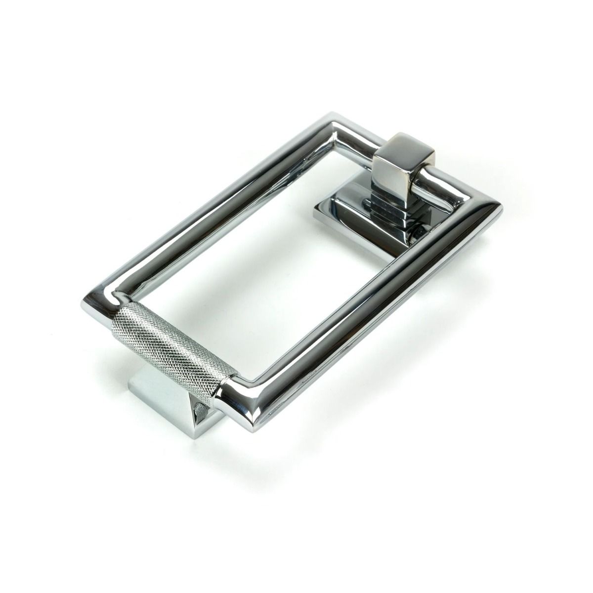 The Polished Chrome Modern Knurled Rectangular Door Knocker on a White Background 