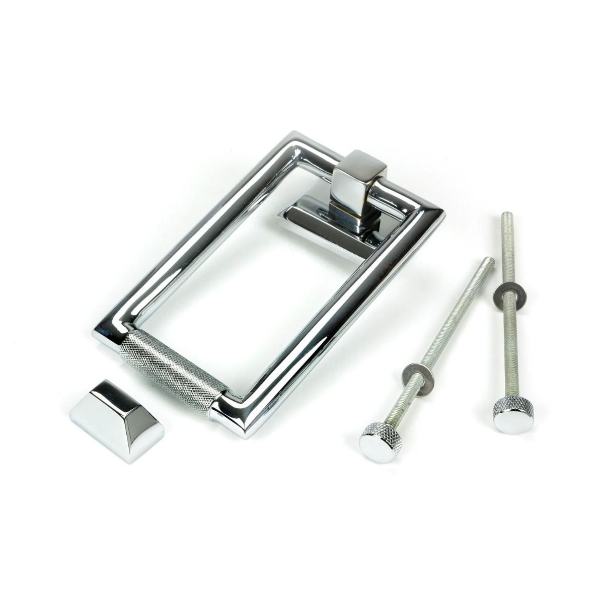 The Polished Chrome Modern Knurled Rectangular Door Knocker with all Components 