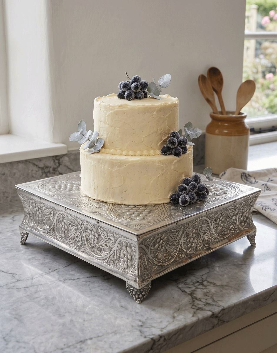 The Polished Aluminium Three Tier Cake Stand Displayed with a Cake on Top - Digital Illustration