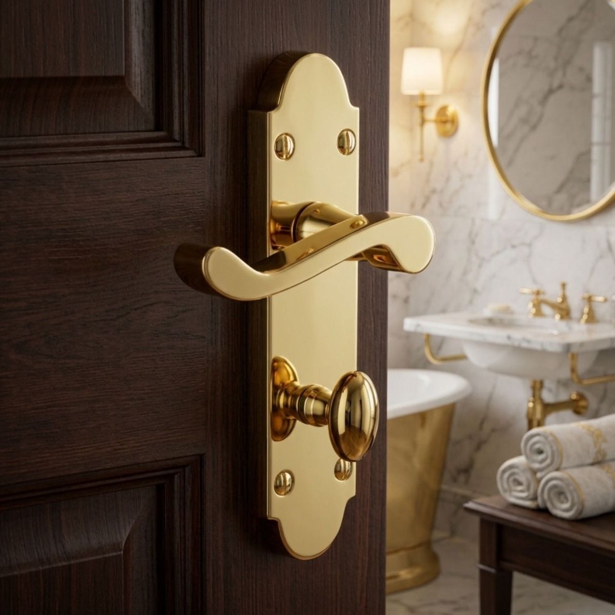 The Polished Brass Arched Backplate Bathroom Door Handle on the Door to a Luxury Bathroom - Digital Illustration
