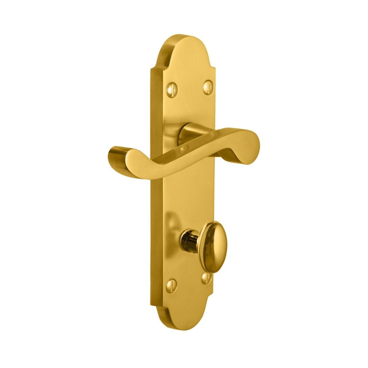 The Polished Brass Arched Backplate Bathroom Door Handles - Privacy Scroll Lever Pair on a White Background 