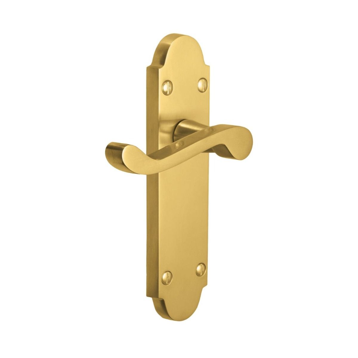 The Polished Brass Arched Backplate Door Handles - Victorian Scroll Latch Pair on a White Background 