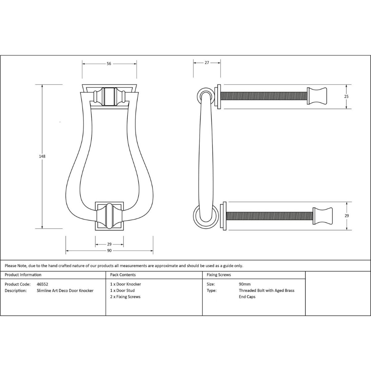 The Polished Brass Art Deco Geometric Loop Door Knocker Technical Drawings and Dimensions 