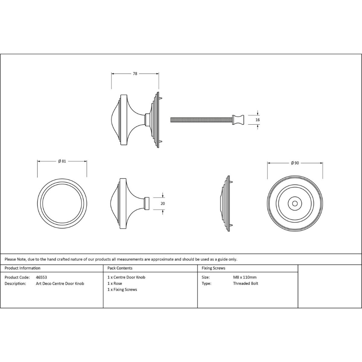 The Polished Brass Art Deco Stepped Centre Door Knob Technical Drawings and Dimensions 
