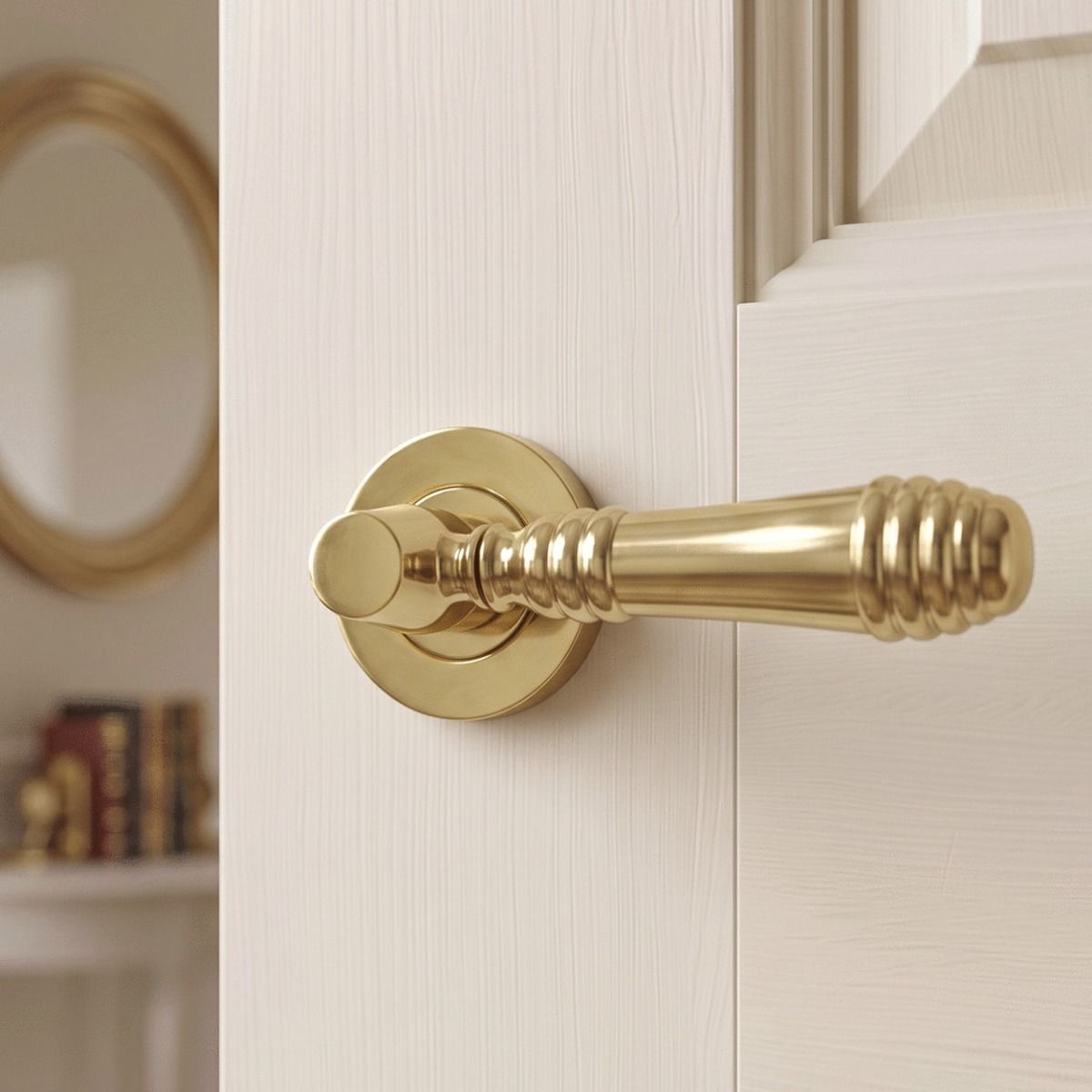 The Polished Brass “Beehive” design contemporary lever handle on a White Door in a Country Home - Digital Illustration