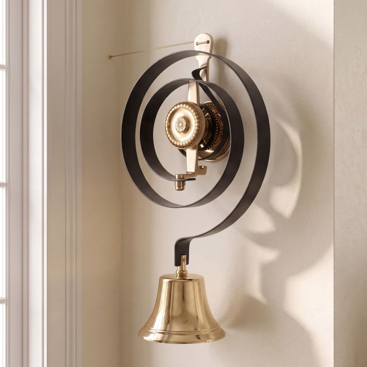 The Polished Brass Butler Door Bell Kit on a Cream Wall in an Entrance Hallway - Digital Illustration
