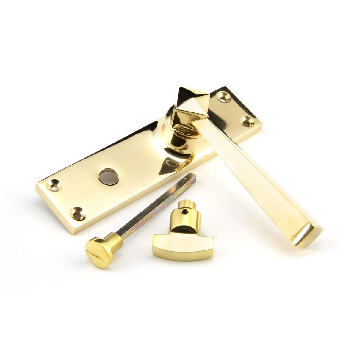 The Polished Brass Geometric Tapered Privacy Suite Bathroom Lever Handles Shown on its Side 