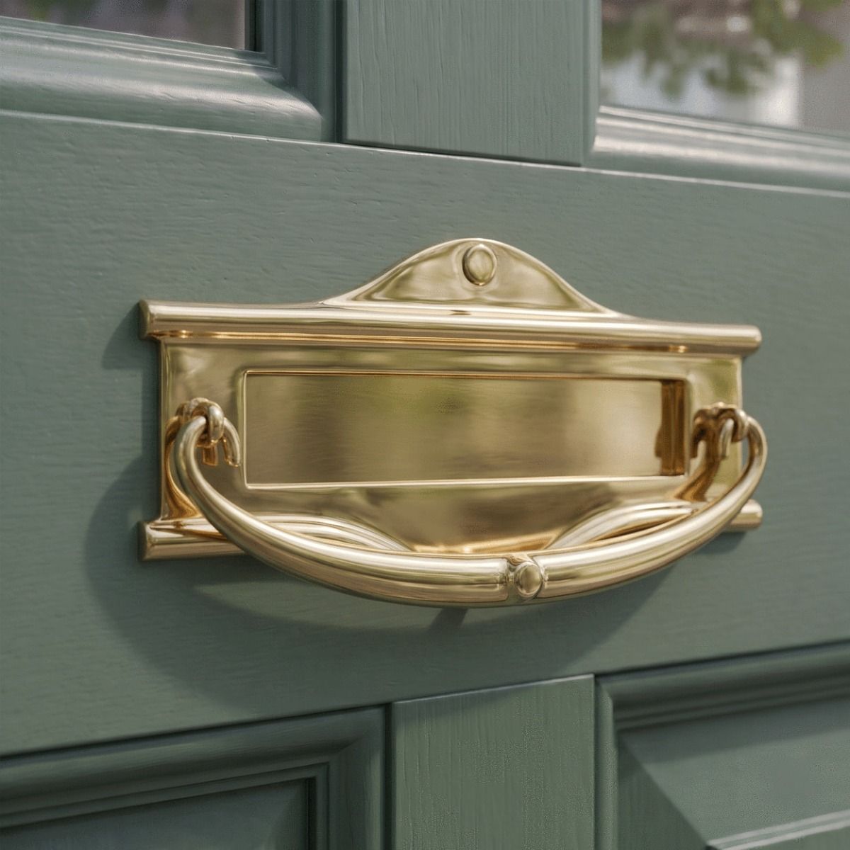 The Polished Brass Letter Plate & Knocker Fitted on a Sage Green Door of a Traditional Period Home - Digital Illustration