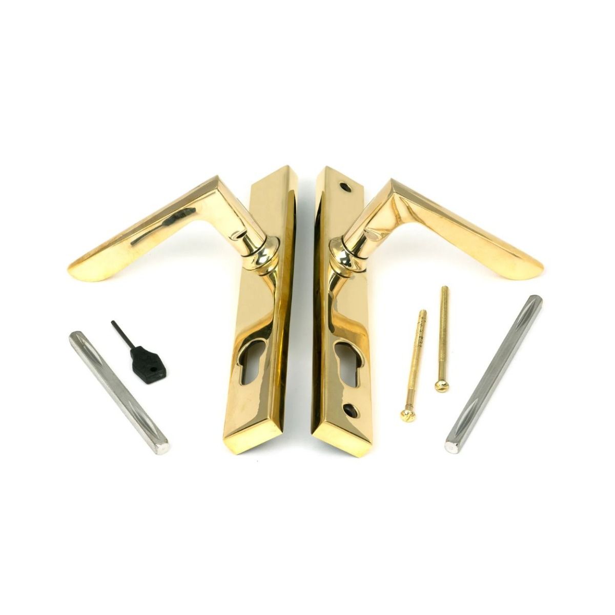The Polished Brass Slimline Espag Lever Door Handle (92mm Centres) Showing All the Fittings