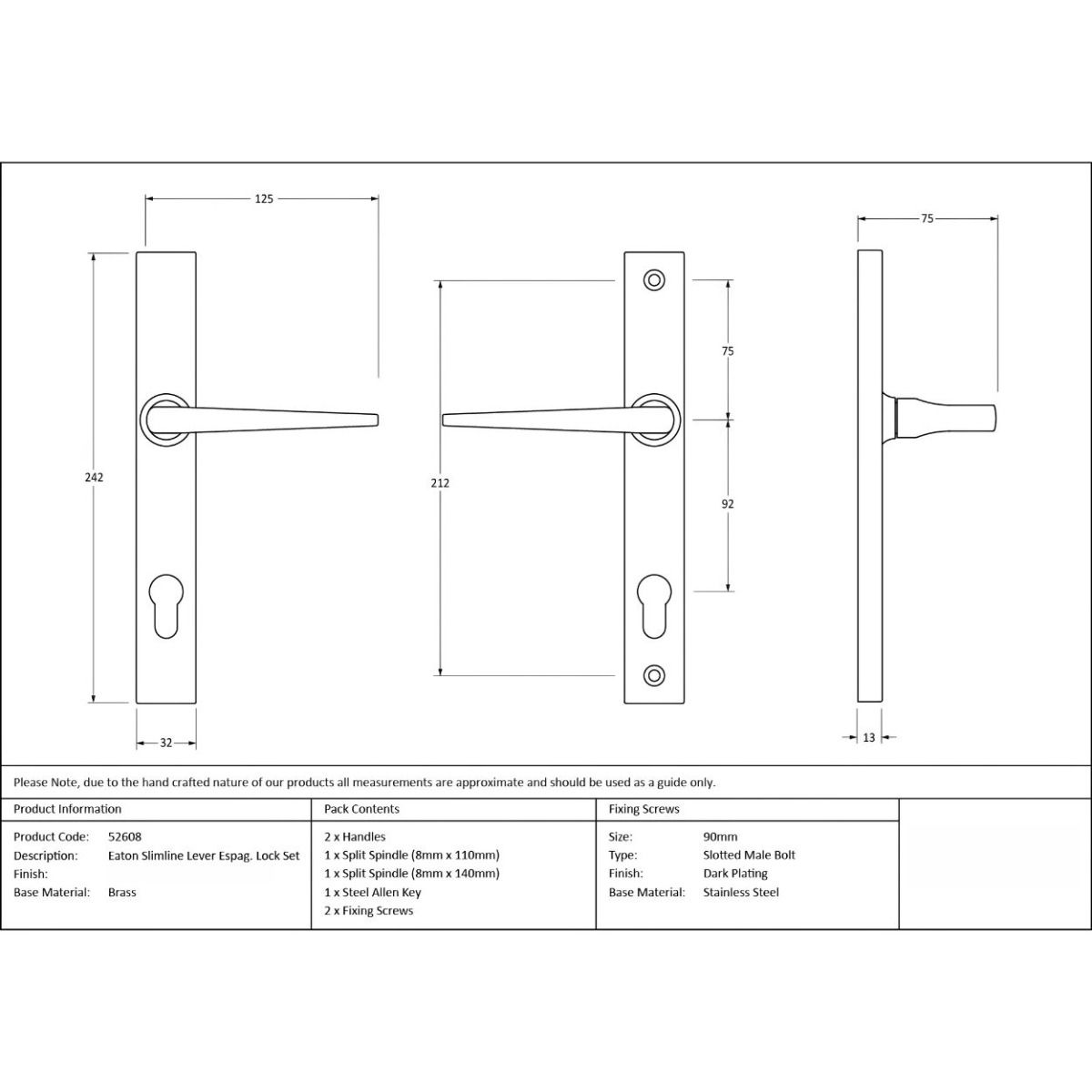 The Polished Brass Slimline Espag Lever Door Handle (92mm Centres) Technical Drawings and Dimensions