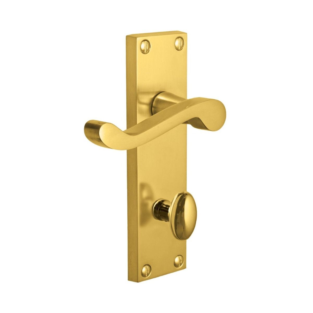 The Polished Brass Victorian Scroll Bathroom Door Handles - 150mm Lever Lock Pair on a white Background 