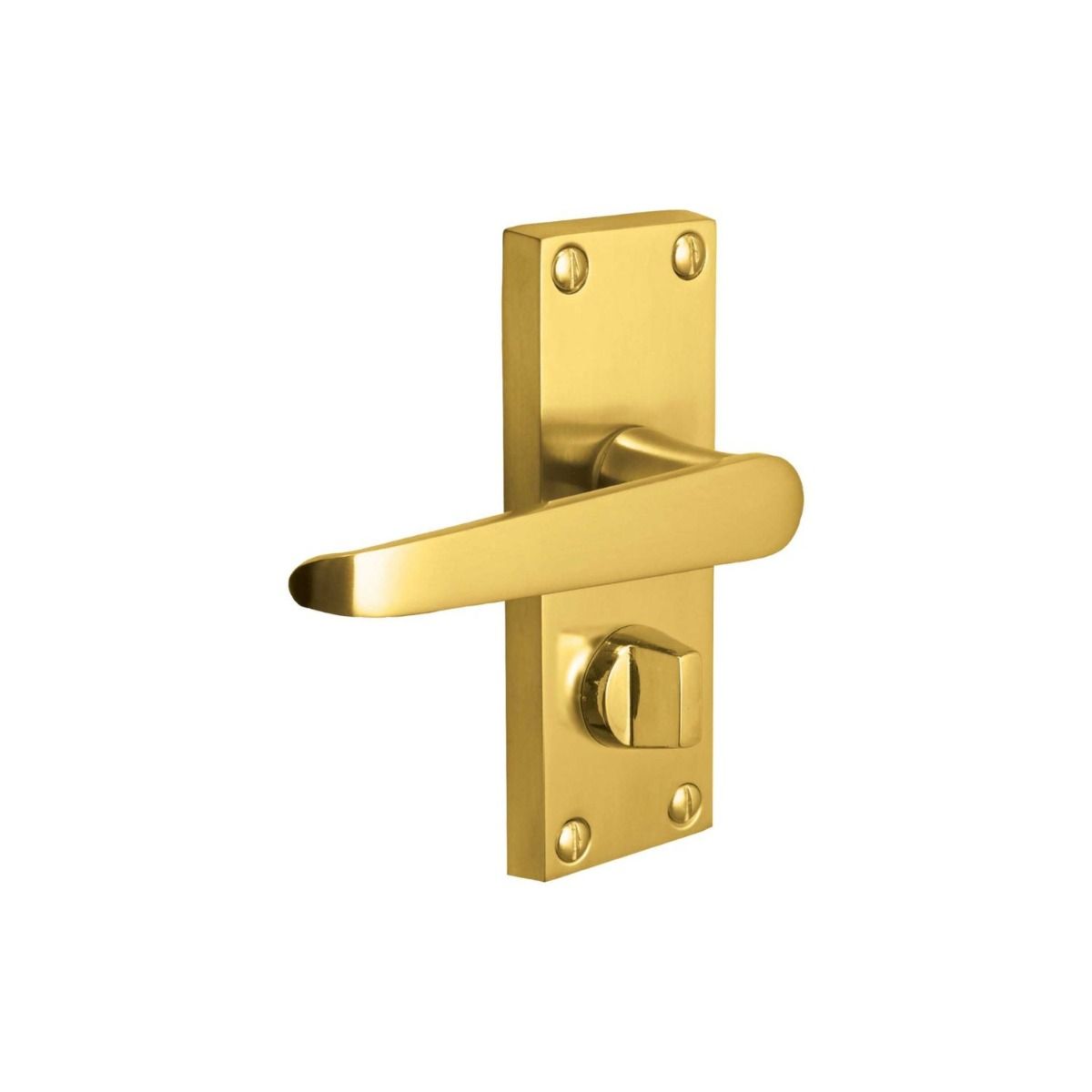 The Polished Brass Victorian Straight Bathroom Door Handles - Lever Lock Pair with Thumb Turn on a White Background