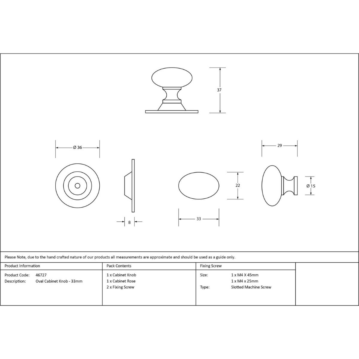 The Polished Bronze 33mm Traditional Oval Cabinet Knob Technical Drawings and Dimensions 