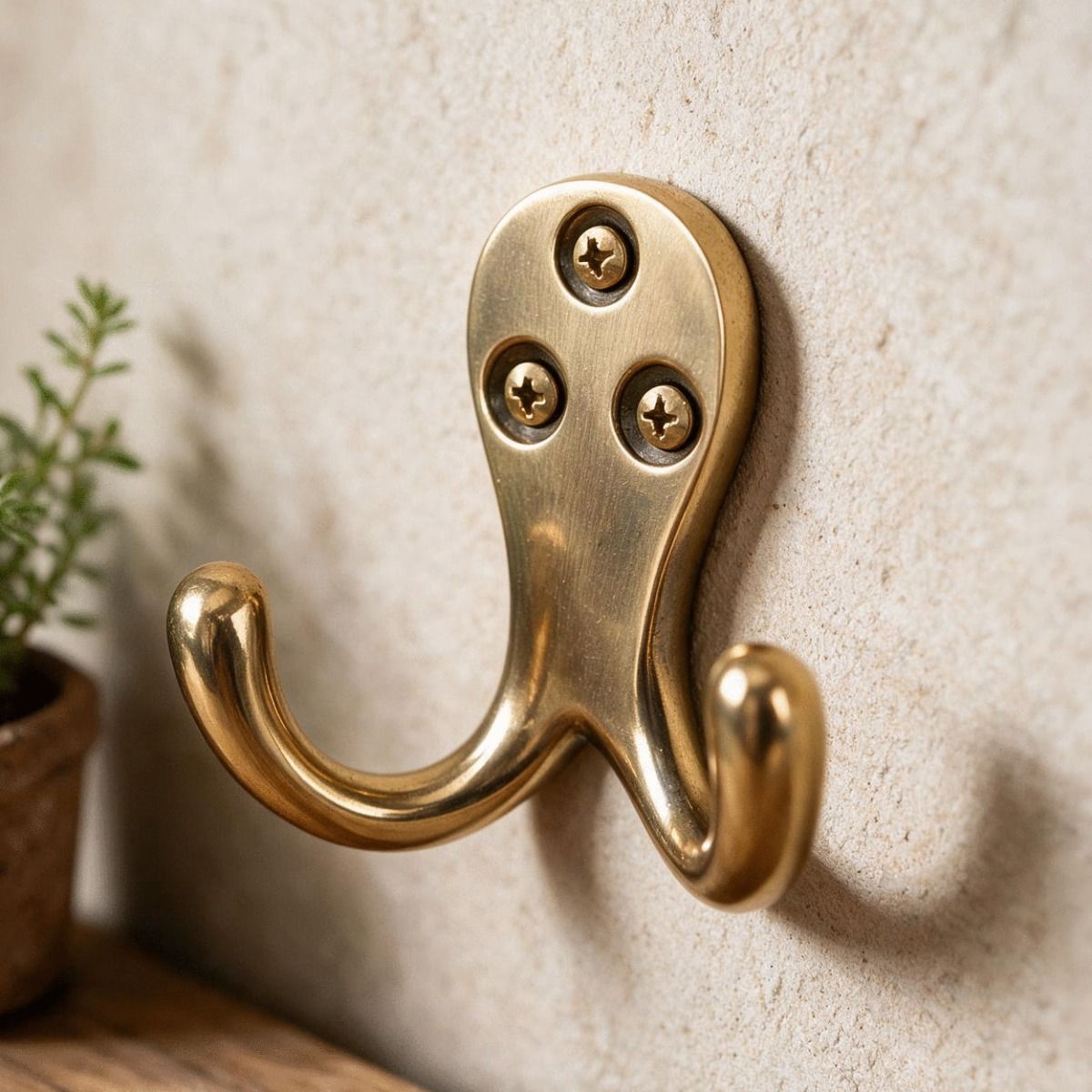The Polished Bronze Double Pronged Coat Hook on a Magnolia Coloured Wall - Digital Illustration
