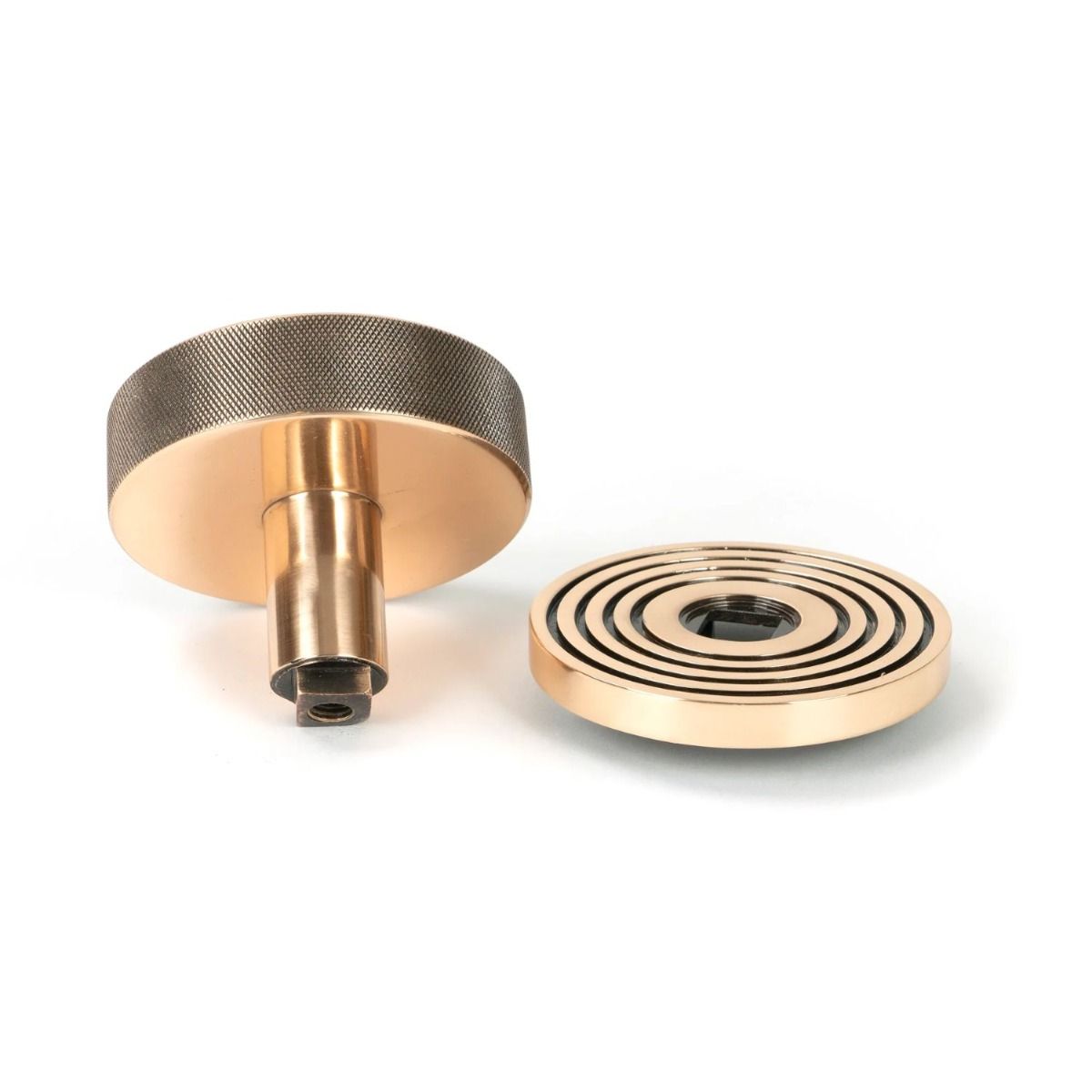 The Polished Bronze Knurled Centre Door Knob on a Beehive Rose Displayed in Separate Sections 