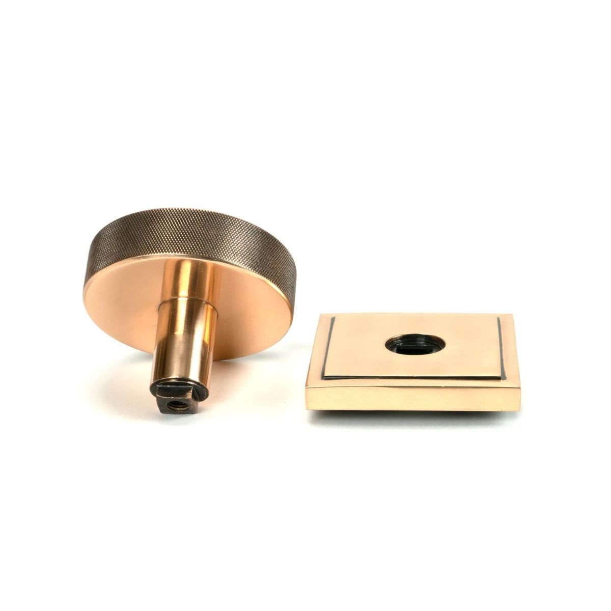 The Polished Bronze Knurled Centre Door Knob on a Square Rose Displayed in Separate Sections 