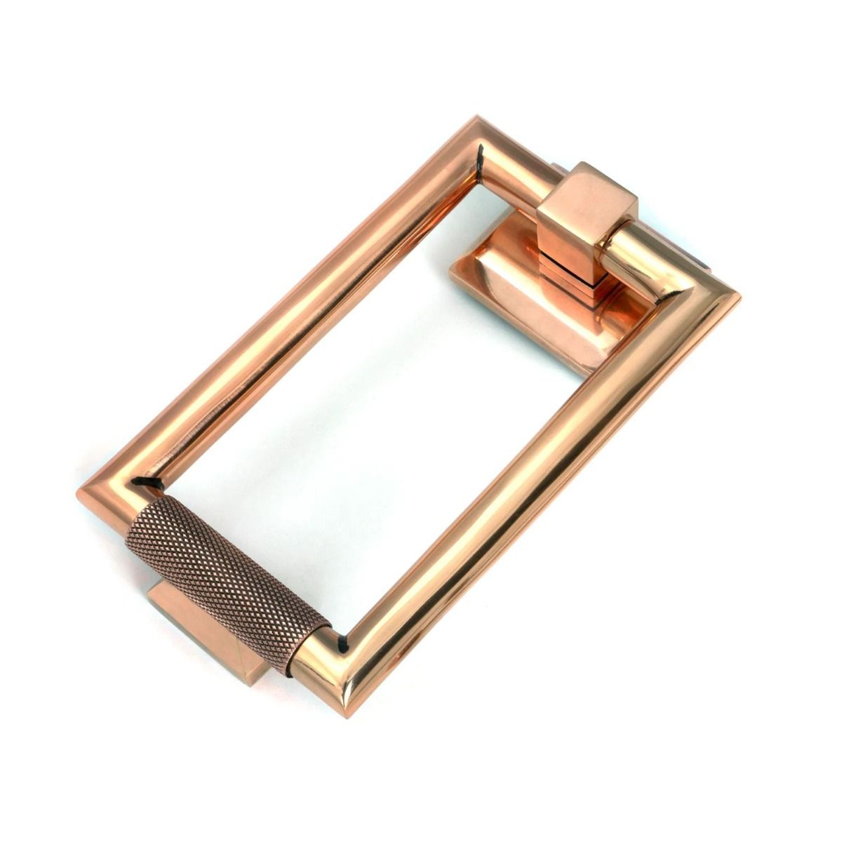 The Polished Bronze Modern Knurled Rectangular Door Knocker on a White Background 