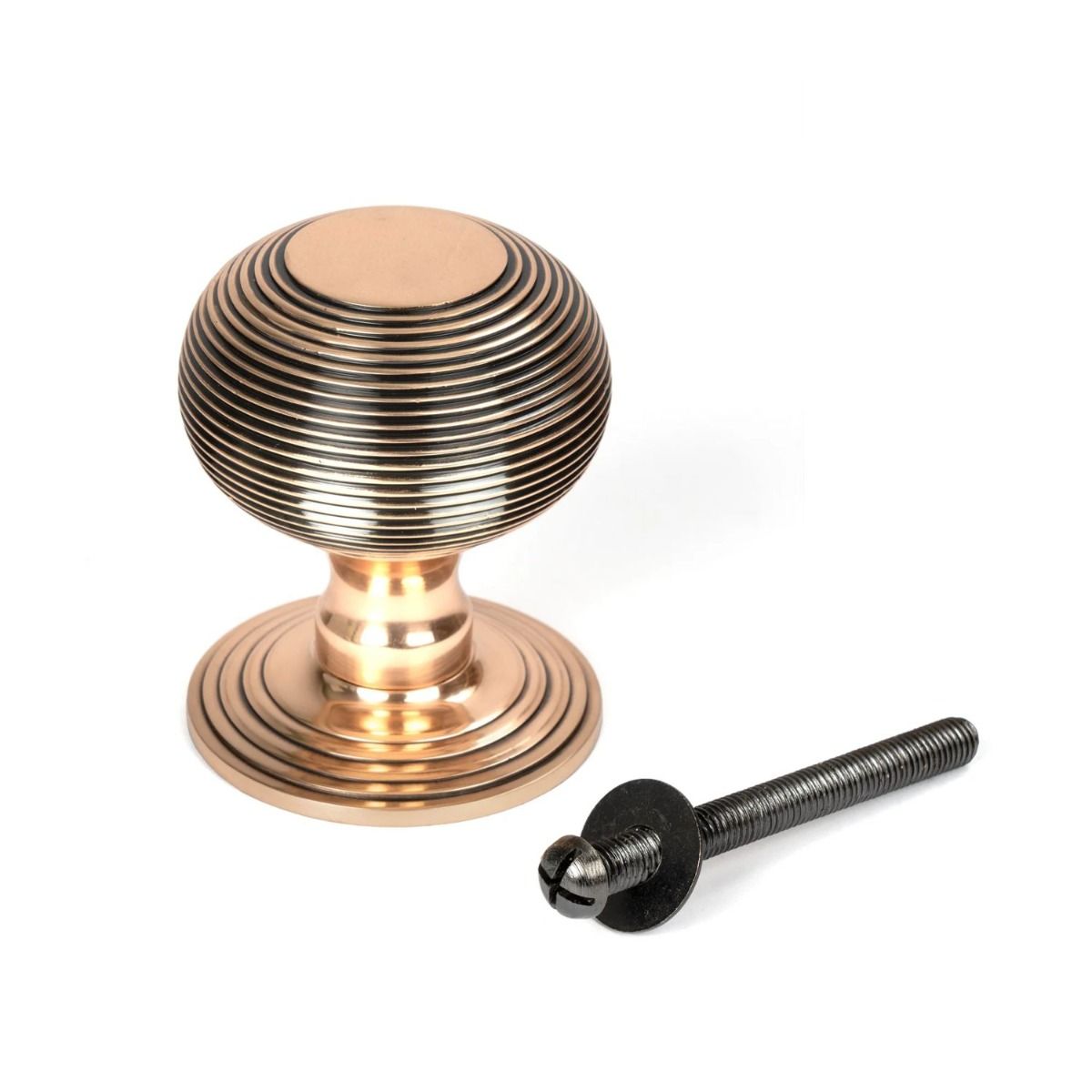 The Polished Bronze Traditional Beehive Centre Door Knob Shown Upright with bolt