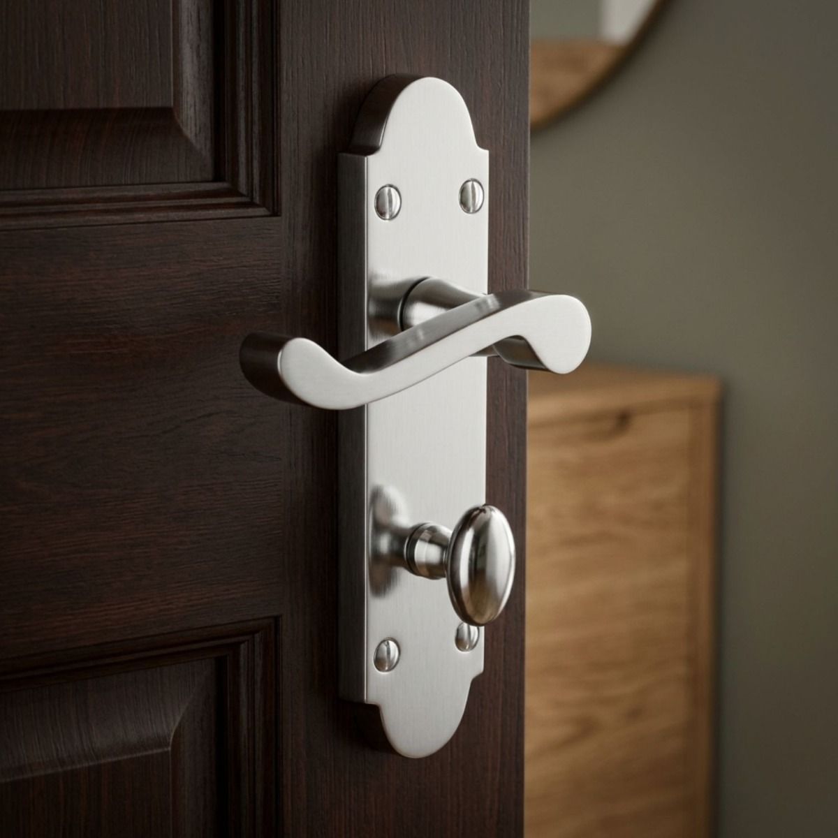 The Polished Chrome Arched Backplate Bathroom Door Handle on a Dark Wooden Door in a Contemporary Home - Digital Illustration