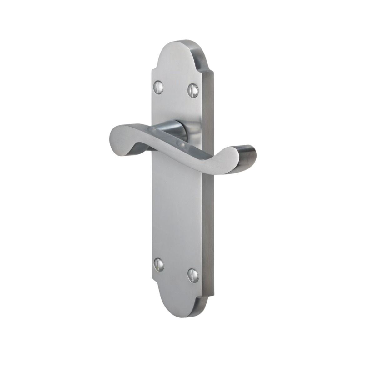 The Polished Chrome Arched Backplate Door Handles - Victorian Scroll Latch Pair on a White Background 