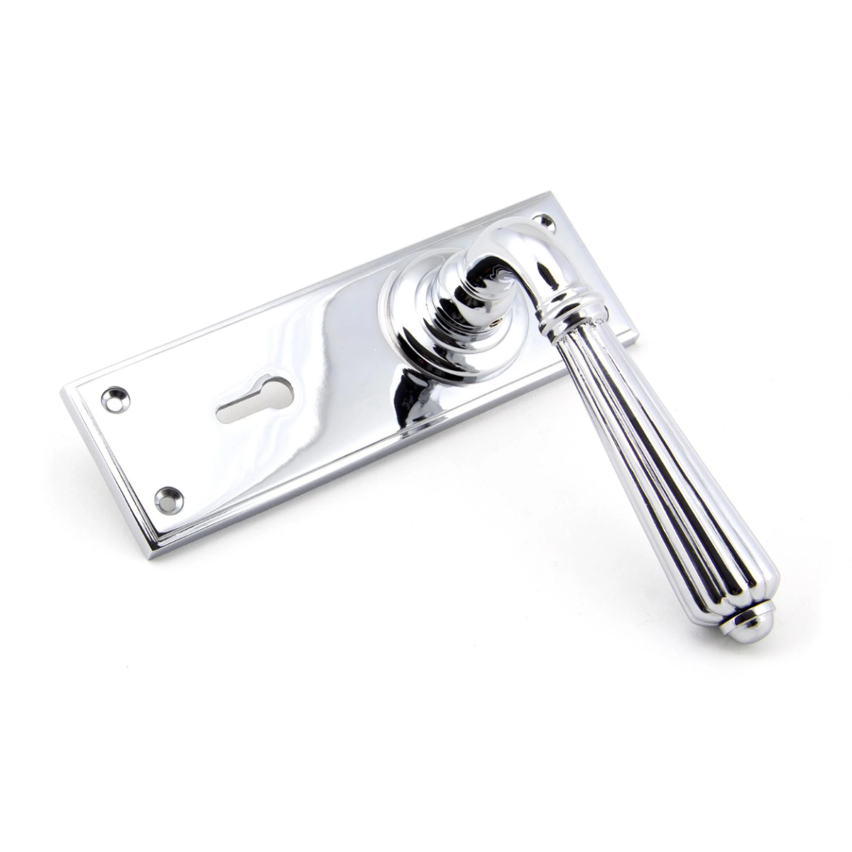 The Polished Chrome Classic Fluted Period Lever Lock Suite Architectural Door Handle Set on its Side