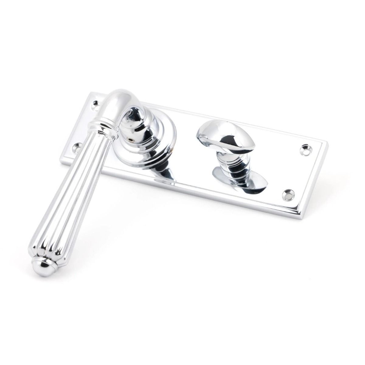 The Polished Chrome Classic Fluted Period Privacy Suite Bathroom Lever Handles Shown on its Side 