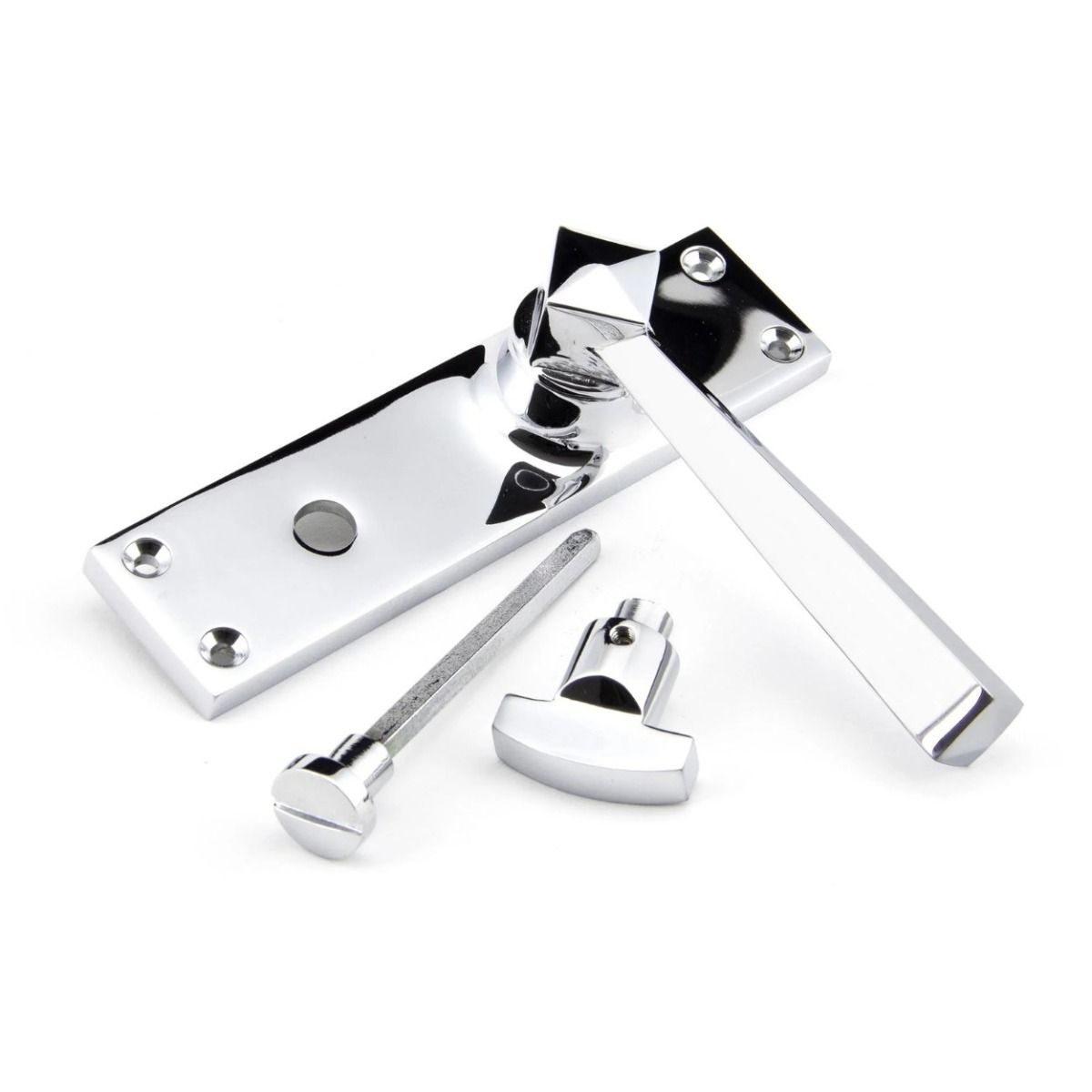 The Polished Chrome Geometric Tapered Privacy Suite Bathroom Lever Handles Shown on its Side 