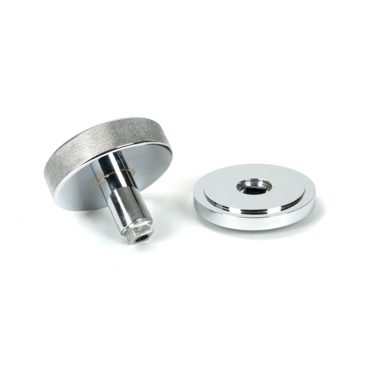 The Polished Chrome Knurled Centre Door Knob on Art Deco Rose Displayed in Separate Sections 