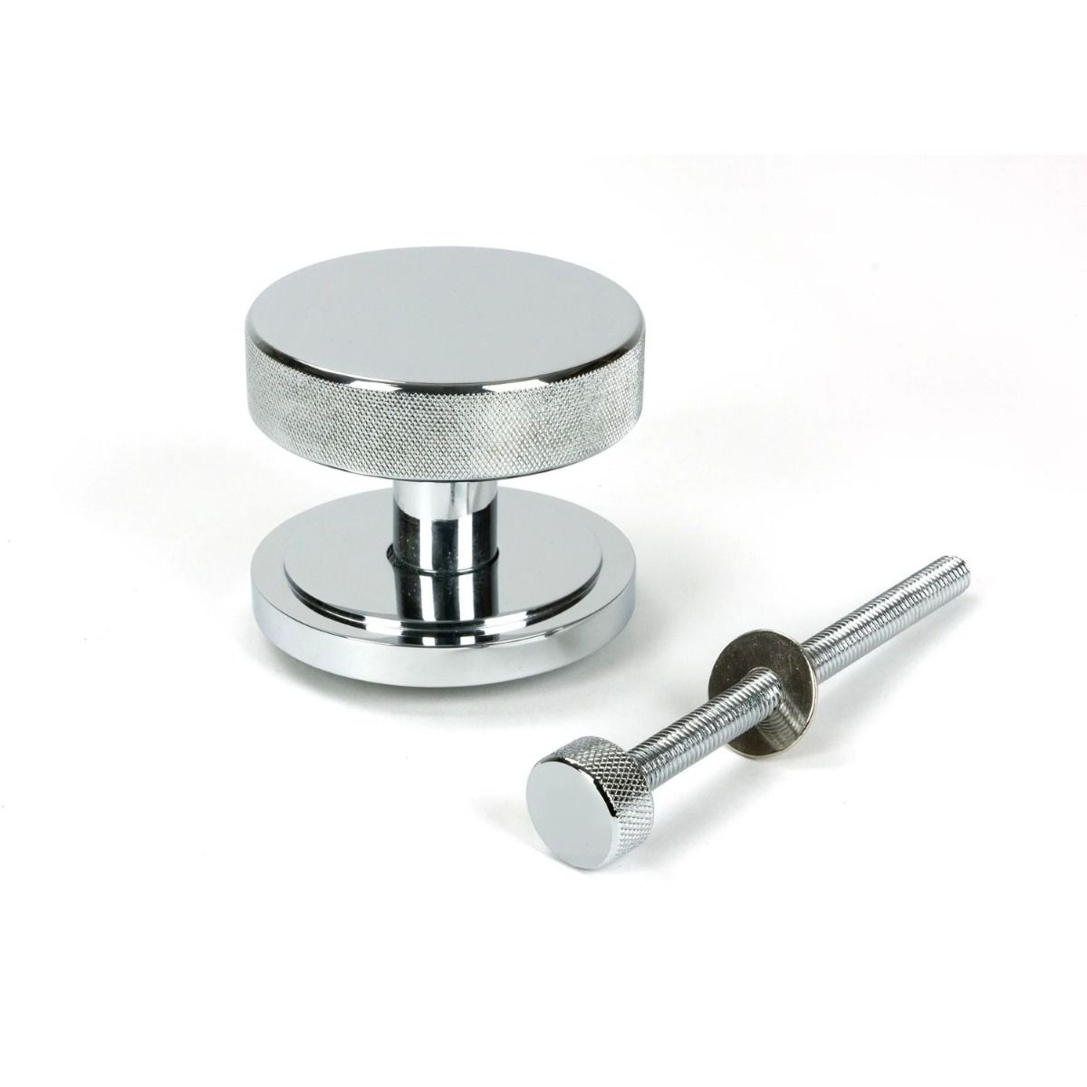 The Polished Chrome Knurled Centre Door Knob on Art Deco Rose with Bolt Fitting 